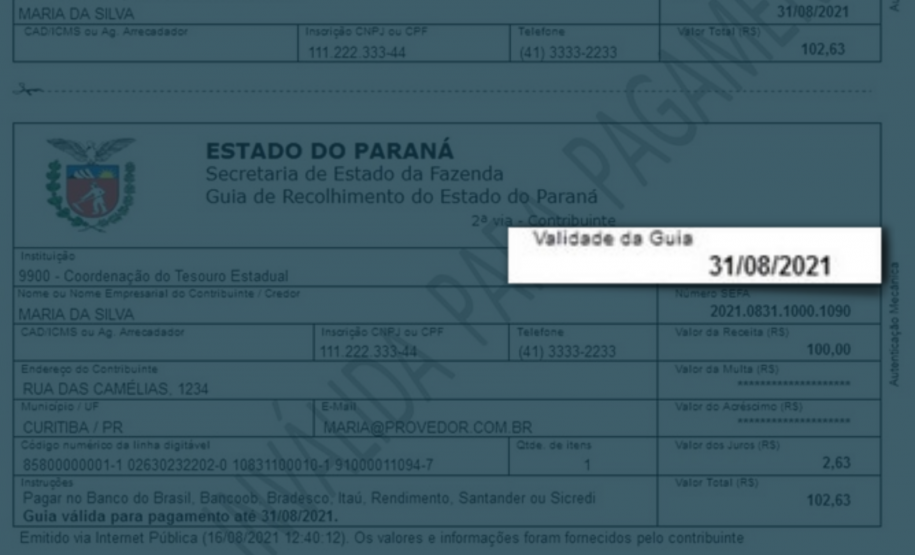 Boletos de taxas e tributos passam a ter data de vencimento no Paraná