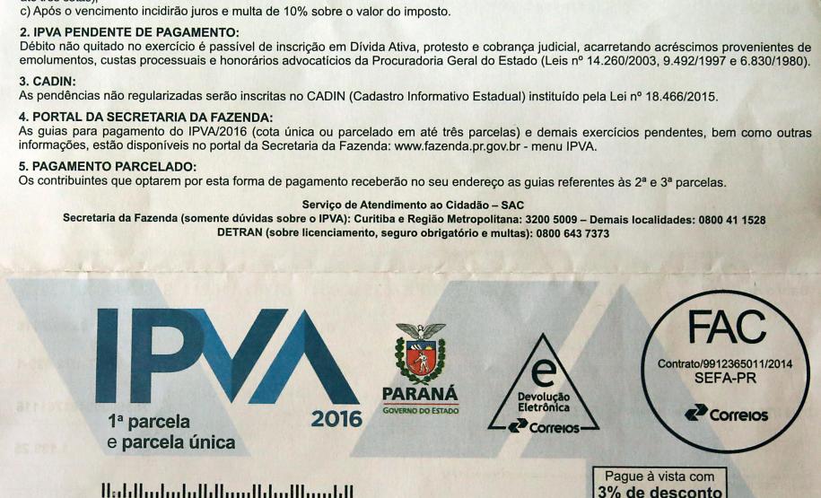 Governo do Paraná conclui entrega
de boletos de pagamento do IPVA