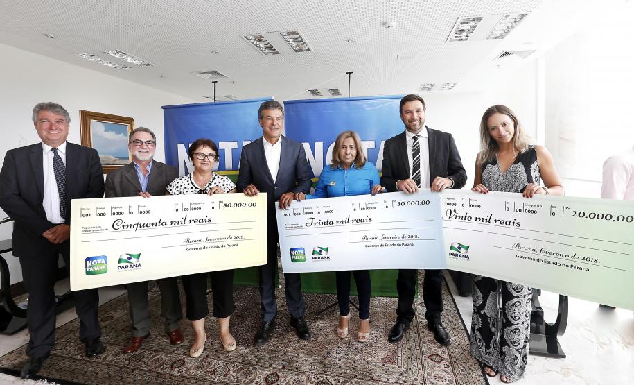 Três mulheres são ganhadoras de fevereiro do Nota Paraná O governador Beto Richa entregou nesta terça-feira (20) os três maiores prêmios do 27º sorteio do Programa Nota Paraná. Dessa vez os bilhetes sorteados premiaram três mulheres: uma secretária de Engenheiro Beltrão, uma professora da rede pública estadual de Itaperuçu e uma médica de Curitiba. Elas receberam os prêmios de R$ 50 mil, R$ 30 mil e R$ 20 mil, respectivamente. O evento foi realizado no Palácio Iguaçu, em Curitiba.