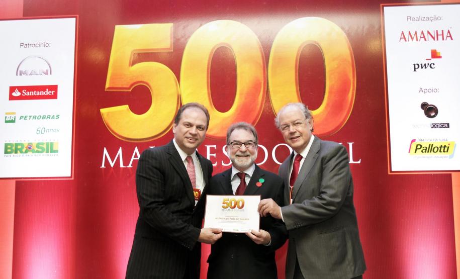 Copel, Sanepar, Fomento Paraná, Cohapar, Ferroeste e Celepar foram premiadas na noite de segunda-feira (23) por se destacarem no ranking das 500 maiores empresas do Sul do Brasil, publicado pela Revista Amanhã em parceria com a assessoria tributária e empresarial PricewaterhouseCoopers (PwC). O evento homenageou as cem maiores empresas do Estado, os destaques setoriais e as líderes por indicadores.